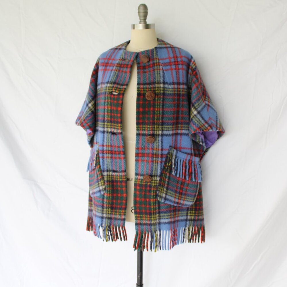 MERRYWEAR Ireland jacket cape poncho cloak Tartan plaid wool fringe check - Picture 3 of 12